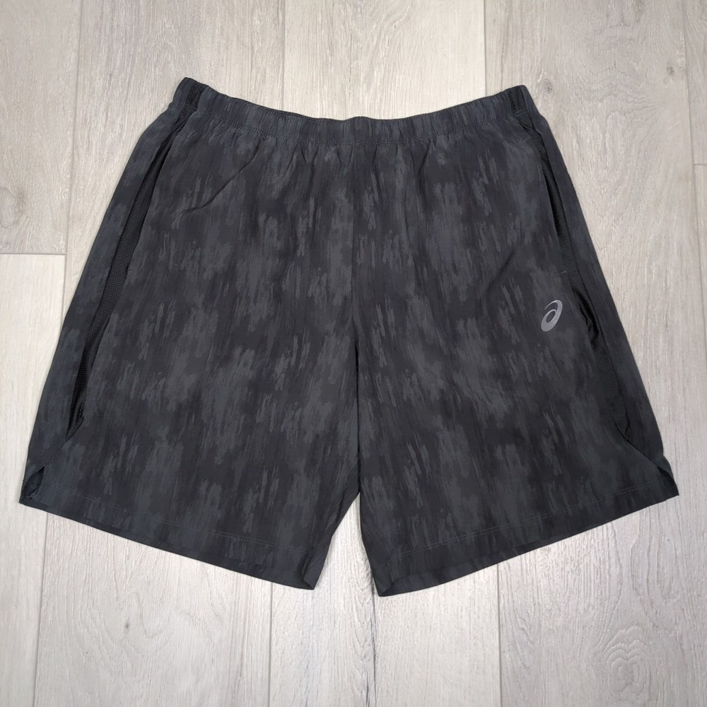 Asics Running Shorts Mens Large Black Camo 8.5" Inseam Pockets Drawstring Lined